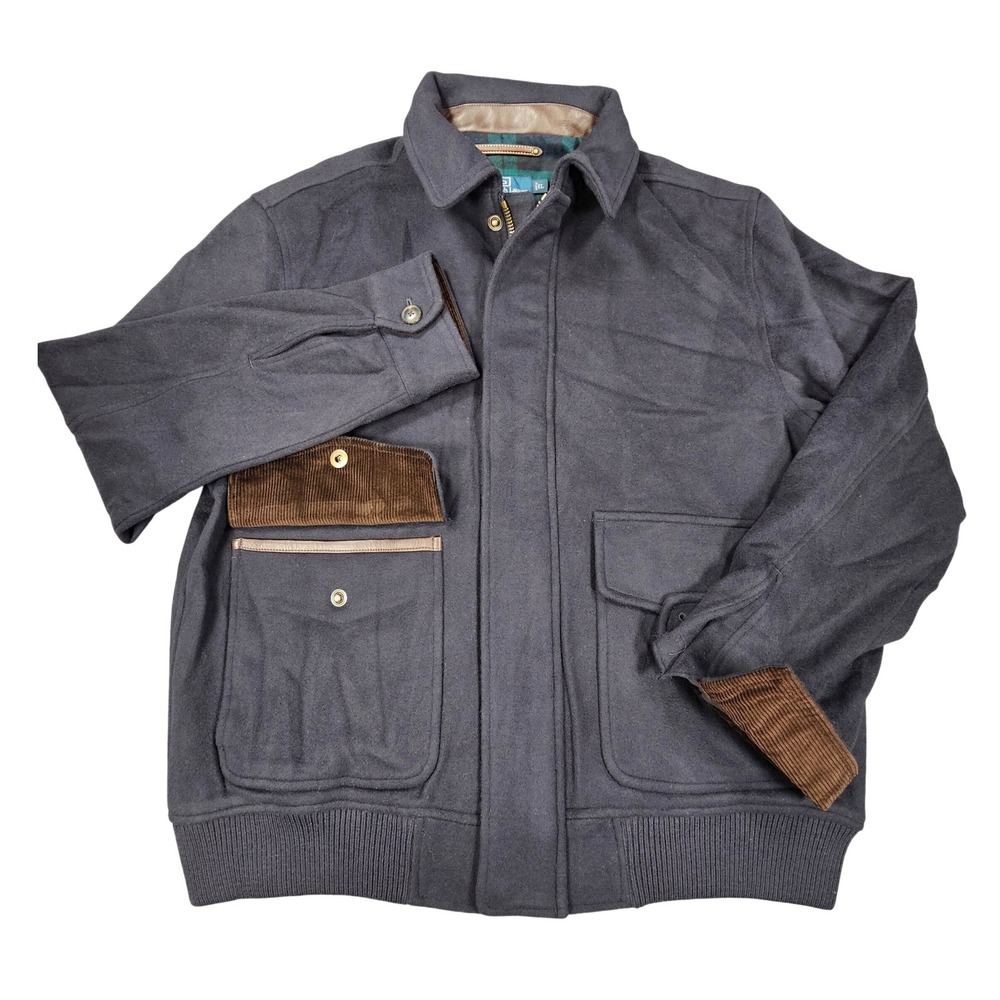 Polo Ralph Lauren VTG Mens L Bomber Jacket Wool Cashmere Leather Trim Navy Plaid